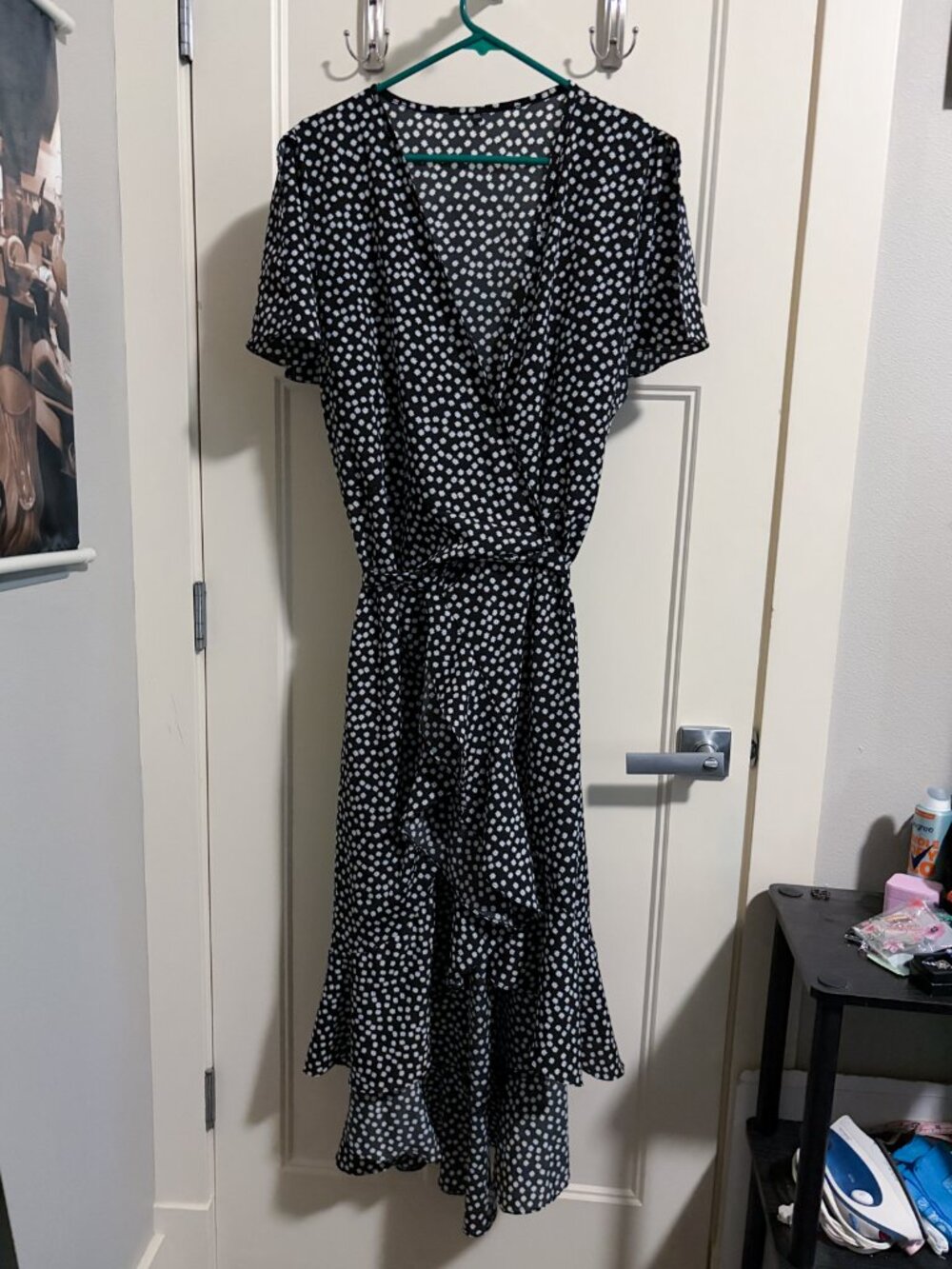 0X/1X Black & White Micro Floral Print Wrap Midi Dress - V-Neck + Split Sleeves - Picture 2 of 13